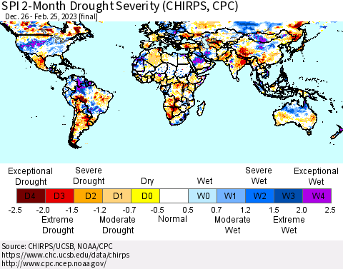 World SPI 2-Month Drought Severity (CHIRPS) Thematic Map For 12/26/2022 - 2/25/2023