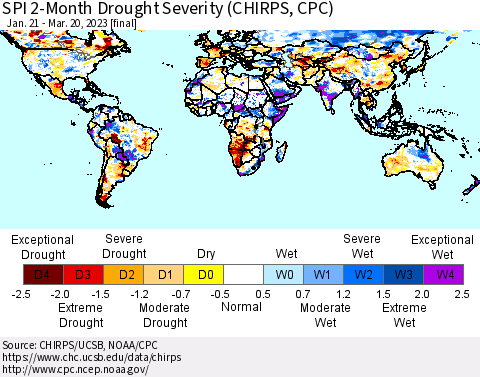 World SPI 2-Month Drought Severity (CHIRPS) Thematic Map For 1/21/2023 - 3/20/2023