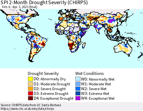 World SPI 2-Month Drought Severity (CHIRPS) Thematic Map For 2/6/2023 - 4/5/2023