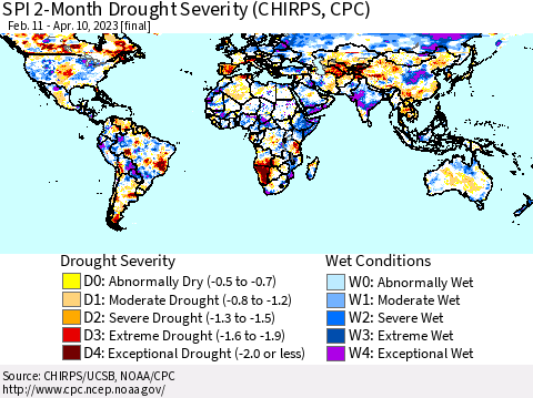 World SPI 2-Month Drought Severity (CHIRPS) Thematic Map For 2/11/2023 - 4/10/2023