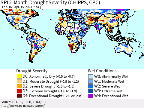 World SPI 2-Month Drought Severity (CHIRPS) Thematic Map For 2/16/2023 - 4/15/2023