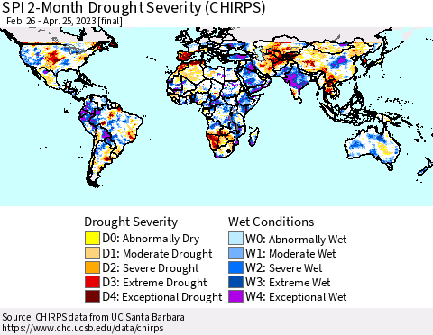 World SPI 2-Month Drought Severity (CHIRPS) Thematic Map For 2/26/2023 - 4/25/2023