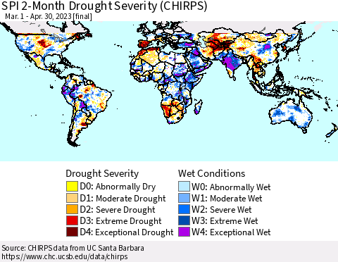 World SPI 2-Month Drought Severity (CHIRPS) Thematic Map For 3/1/2023 - 4/30/2023