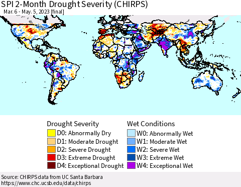 World SPI 2-Month Drought Severity (CHIRPS) Thematic Map For 3/6/2023 - 5/5/2023
