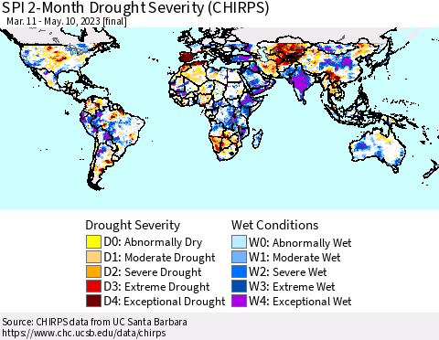 World SPI 2-Month Drought Severity (CHIRPS) Thematic Map For 3/11/2023 - 5/10/2023