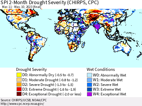 World SPI 2-Month Drought Severity (CHIRPS) Thematic Map For 3/11/2023 - 5/10/2023