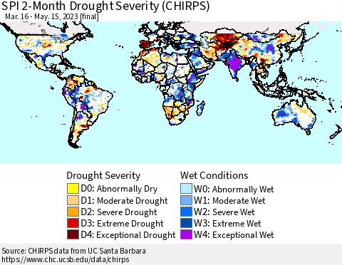 World SPI 2-Month Drought Severity (CHIRPS) Thematic Map For 3/16/2023 - 5/15/2023