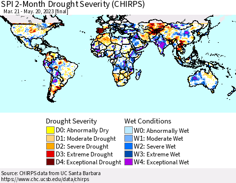 World SPI 2-Month Drought Severity (CHIRPS) Thematic Map For 3/21/2023 - 5/20/2023