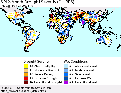 World SPI 2-Month Drought Severity (CHIRPS) Thematic Map For 3/26/2023 - 5/25/2023