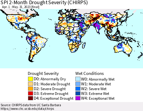 World SPI 2-Month Drought Severity (CHIRPS) Thematic Map For 4/1/2023 - 5/31/2023