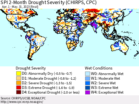 World SPI 2-Month Drought Severity (CHIRPS) Thematic Map For 4/1/2023 - 5/31/2023