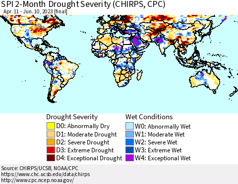 World SPI 2-Month Drought Severity (CHIRPS) Thematic Map For 4/11/2023 - 6/10/2023