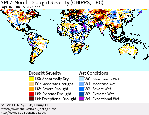 World SPI 2-Month Drought Severity (CHIRPS) Thematic Map For 4/16/2023 - 6/15/2023