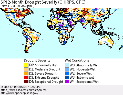 World SPI 2-Month Drought Severity (CHIRPS) Thematic Map For 5/1/2023 - 6/30/2023