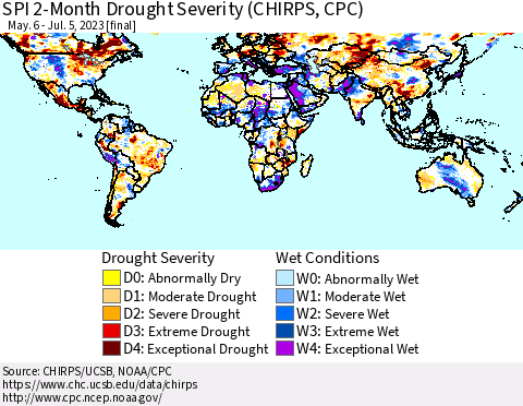 World SPI 2-Month Drought Severity (CHIRPS) Thematic Map For 5/6/2023 - 7/5/2023