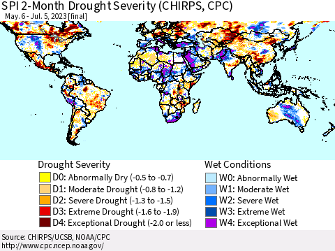 World SPI 2-Month Drought Severity (CHIRPS) Thematic Map For 5/6/2023 - 7/5/2023