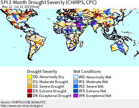 World SPI 2-Month Drought Severity (CHIRPS) Thematic Map For 5/11/2023 - 7/10/2023