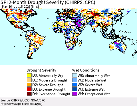 World SPI 2-Month Drought Severity (CHIRPS) Thematic Map For 5/16/2023 - 7/15/2023