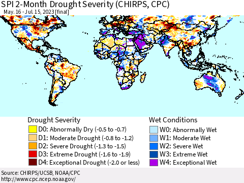 World SPI 2-Month Drought Severity (CHIRPS) Thematic Map For 5/16/2023 - 7/15/2023