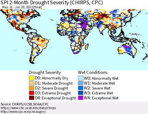 World SPI 2-Month Drought Severity (CHIRPS) Thematic Map For 5/21/2023 - 7/20/2023