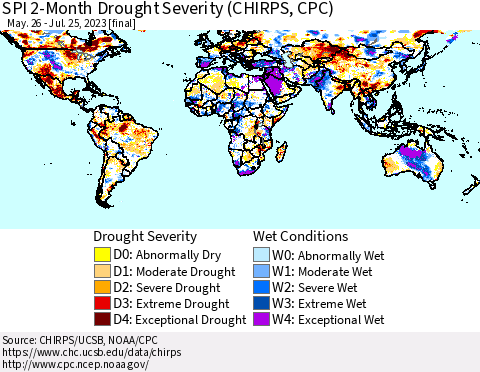 World SPI 2-Month Drought Severity (CHIRPS) Thematic Map For 5/26/2023 - 7/25/2023
