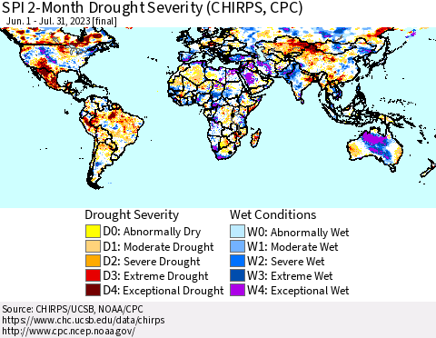 World SPI 2-Month Drought Severity (CHIRPS) Thematic Map For 6/1/2023 - 7/31/2023
