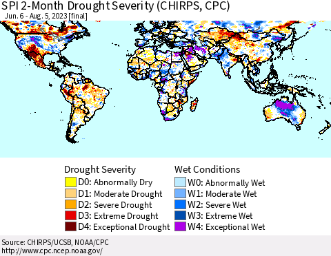 World SPI 2-Month Drought Severity (CHIRPS) Thematic Map For 6/6/2023 - 8/5/2023