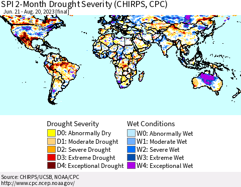 World SPI 2-Month Drought Severity (CHIRPS) Thematic Map For 6/21/2023 - 8/20/2023