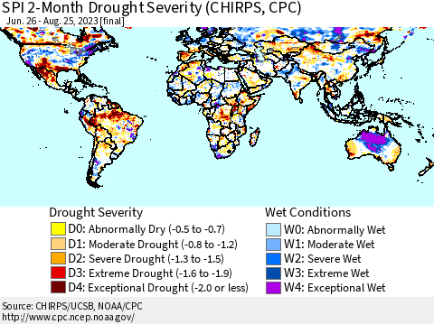 World SPI 2-Month Drought Severity (CHIRPS) Thematic Map For 6/26/2023 - 8/25/2023