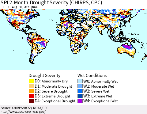 World SPI 2-Month Drought Severity (CHIRPS) Thematic Map For 7/1/2023 - 8/31/2023