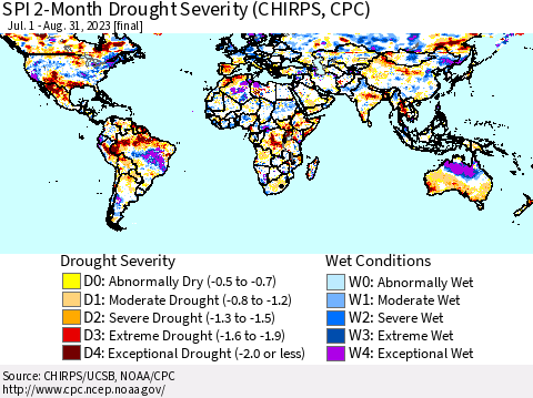 World SPI 2-Month Drought Severity (CHIRPS) Thematic Map For 7/1/2023 - 8/31/2023