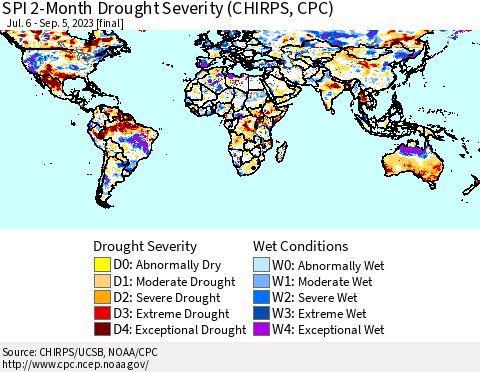 World SPI 2-Month Drought Severity (CHIRPS) Thematic Map For 7/6/2023 - 9/5/2023