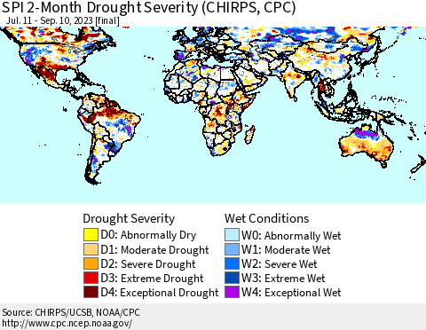 World SPI 2-Month Drought Severity (CHIRPS) Thematic Map For 7/11/2023 - 9/10/2023