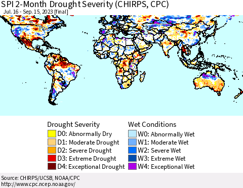 World SPI 2-Month Drought Severity (CHIRPS) Thematic Map For 7/16/2023 - 9/15/2023