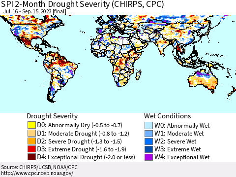 World SPI 2-Month Drought Severity (CHIRPS) Thematic Map For 7/16/2023 - 9/15/2023