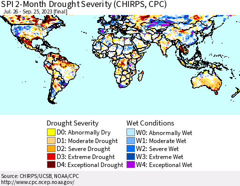 World SPI 2-Month Drought Severity (CHIRPS) Thematic Map For 7/26/2023 - 9/25/2023