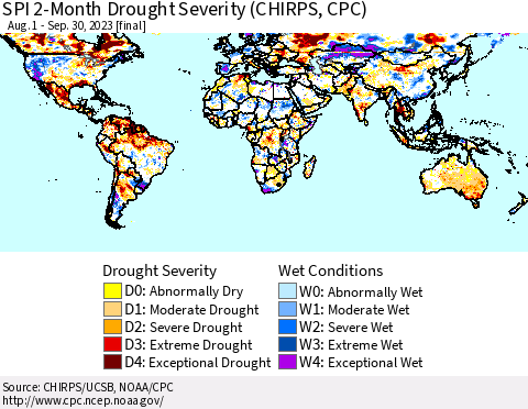 World SPI 2-Month Drought Severity (CHIRPS) Thematic Map For 8/1/2023 - 9/30/2023