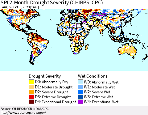 World SPI 2-Month Drought Severity (CHIRPS) Thematic Map For 8/6/2023 - 10/5/2023
