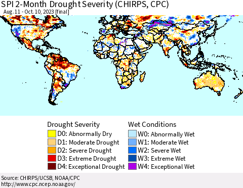 World SPI 2-Month Drought Severity (CHIRPS) Thematic Map For 8/11/2023 - 10/10/2023
