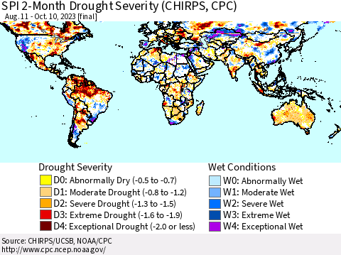 World SPI 2-Month Drought Severity (CHIRPS) Thematic Map For 8/11/2023 - 10/10/2023