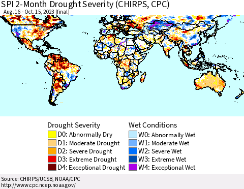World SPI 2-Month Drought Severity (CHIRPS) Thematic Map For 8/16/2023 - 10/15/2023
