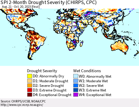 World SPI 2-Month Drought Severity (CHIRPS) Thematic Map For 8/21/2023 - 10/20/2023
