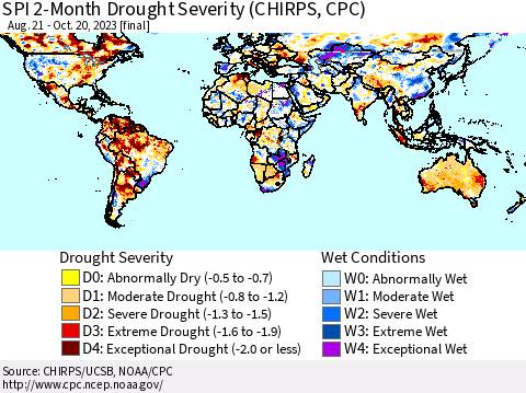 World SPI 2-Month Drought Severity (CHIRPS) Thematic Map For 8/21/2023 - 10/20/2023