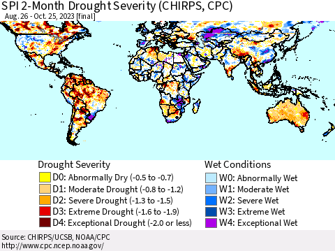 World SPI 2-Month Drought Severity (CHIRPS) Thematic Map For 8/26/2023 - 10/25/2023