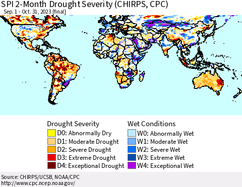 World SPI 2-Month Drought Severity (CHIRPS) Thematic Map For 9/1/2023 - 10/31/2023