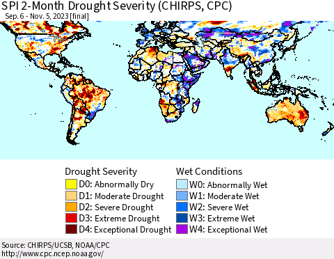 World SPI 2-Month Drought Severity (CHIRPS) Thematic Map For 9/6/2023 - 11/5/2023