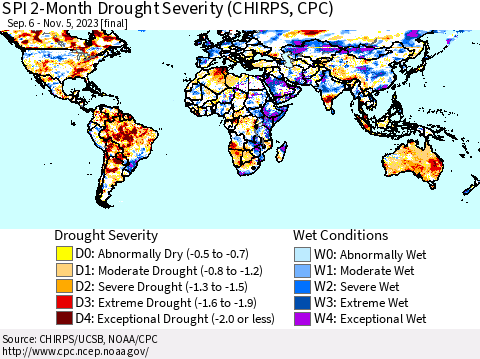 World SPI 2-Month Drought Severity (CHIRPS) Thematic Map For 9/6/2023 - 11/5/2023