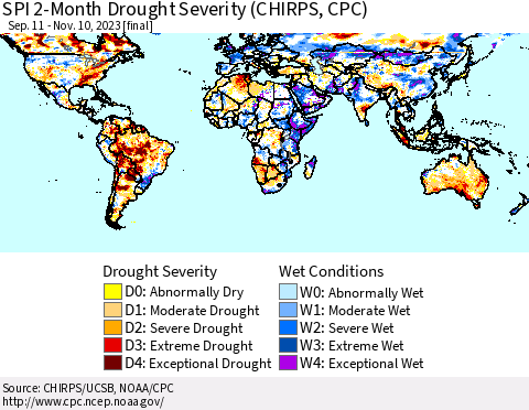 World SPI 2-Month Drought Severity (CHIRPS) Thematic Map For 9/11/2023 - 11/10/2023