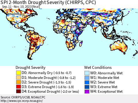 World SPI 2-Month Drought Severity (CHIRPS) Thematic Map For 9/11/2023 - 11/10/2023