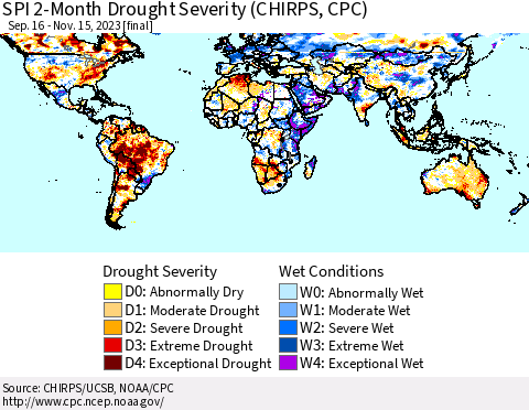 World SPI 2-Month Drought Severity (CHIRPS) Thematic Map For 9/16/2023 - 11/15/2023